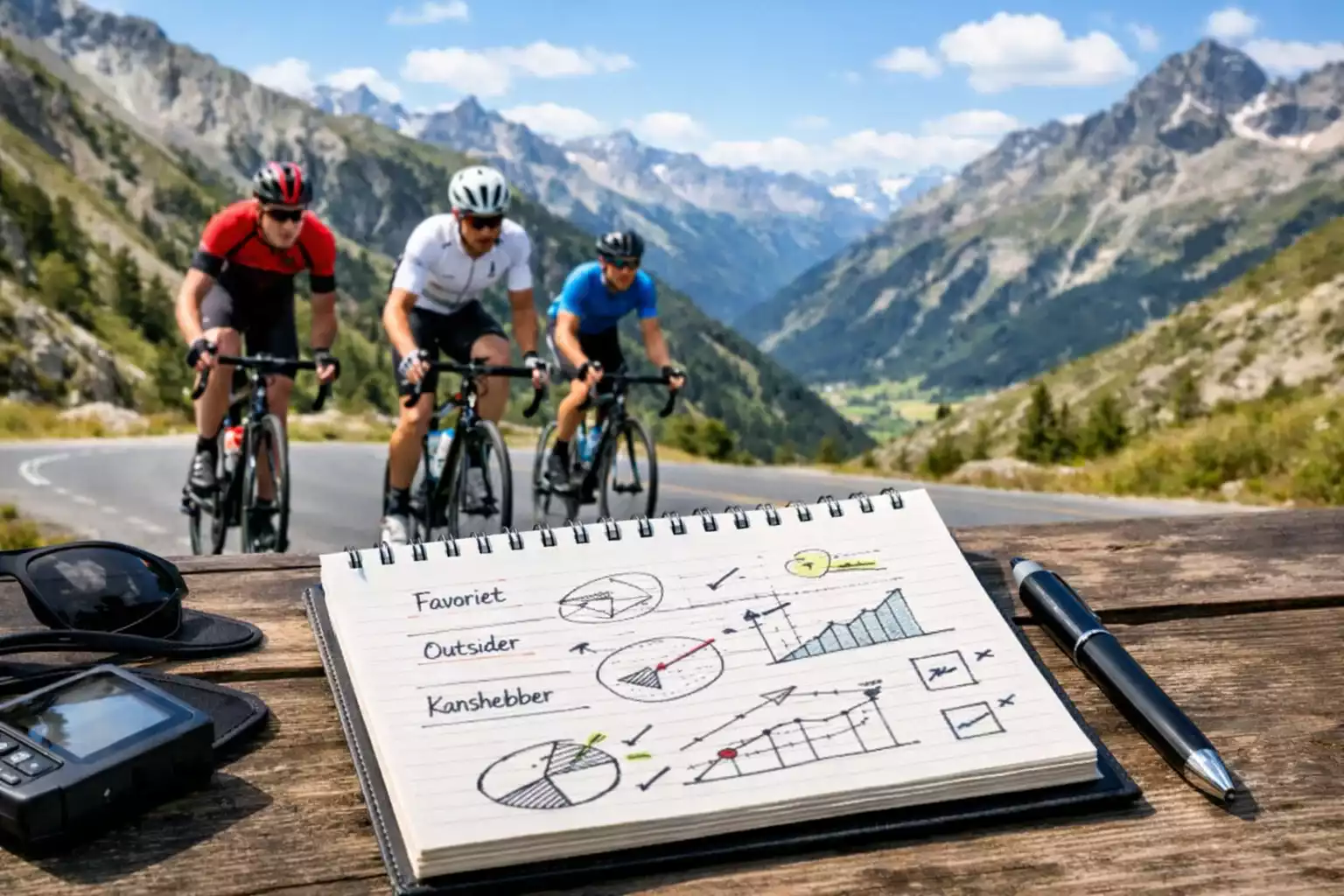 Notitieblok met pen en strategische aantekeningen voor wielrenweddenschappen