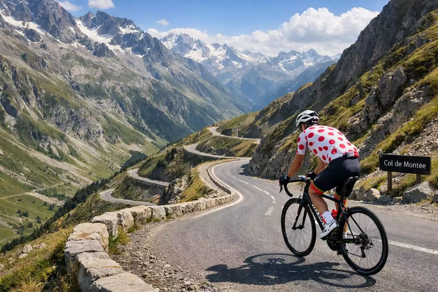 Wielrenner in bolletjestrui beklimt een steile Franse bergpas