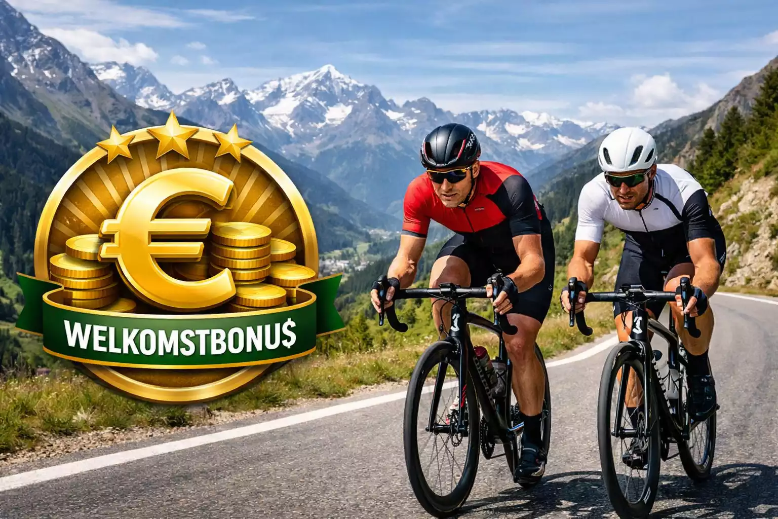 Welkomstbonus symbool met euroteken en wielrenweddenschap thema