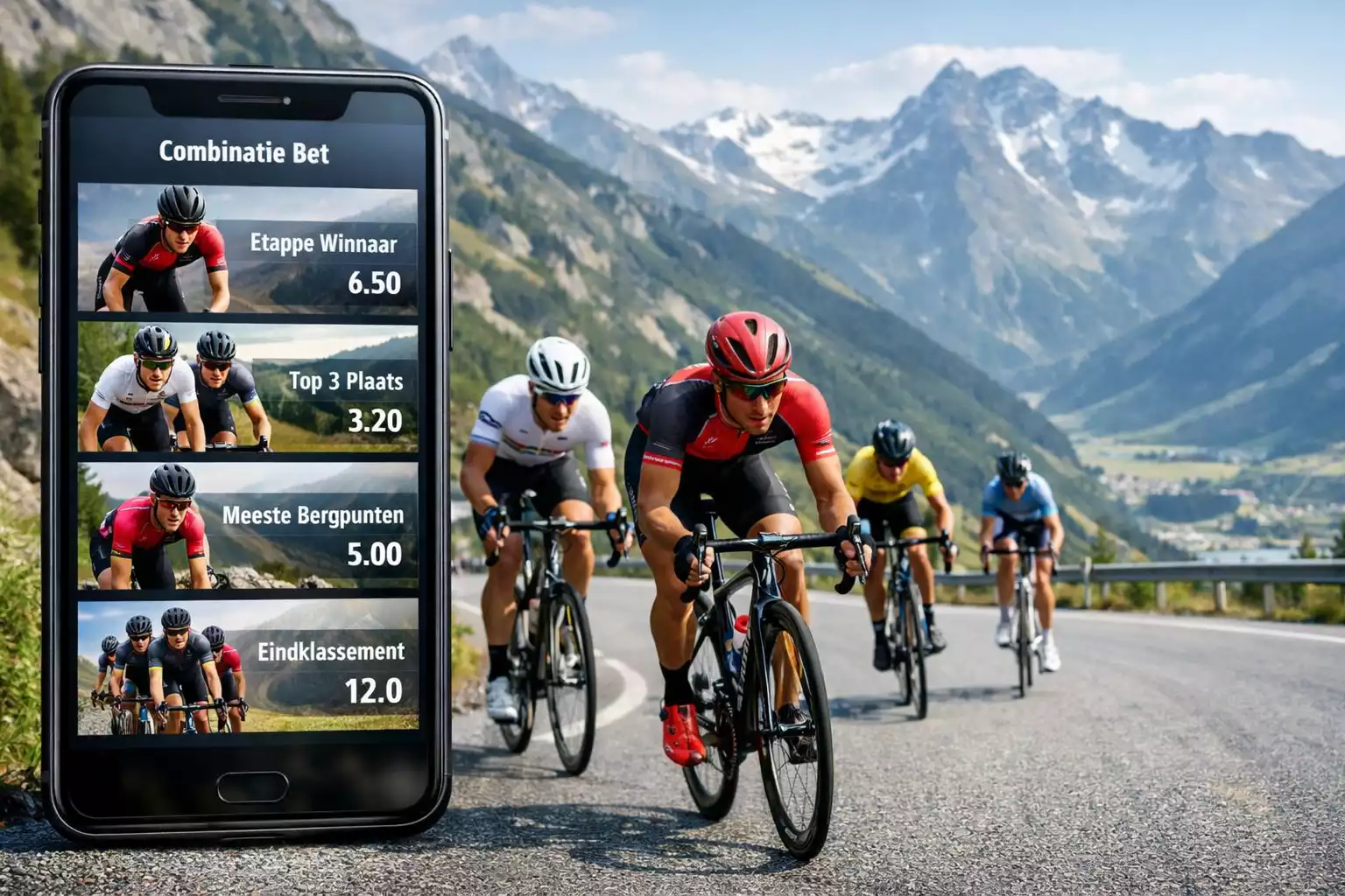 Smartphone met meerdere wielrenweddenschappen gecombineerd op het scherm