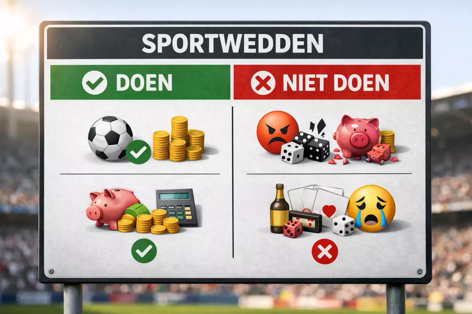 Waarschuwingsbord met strategische do's en don'ts voor sportweddenschappen