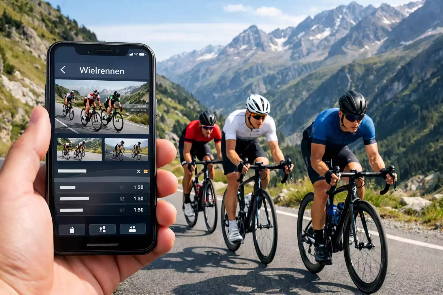 Smartphone met sportweddenschap app en wielrennen selectie