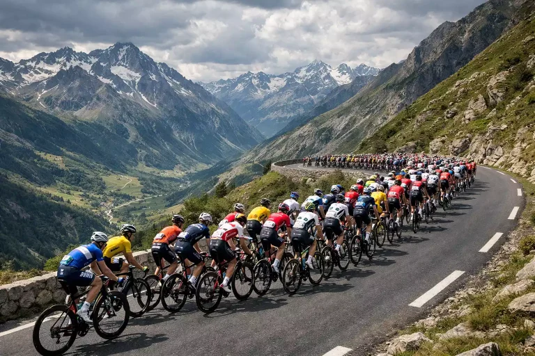Wielrenners in het peloton tijdens de Tour de France met Franse berglandschap