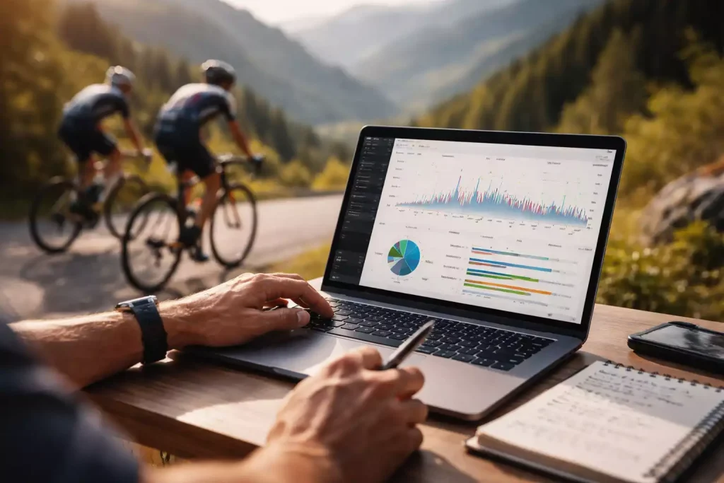 Persoon analyseert wielrenstatistieken op laptop met aantekeningen