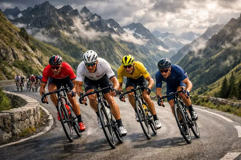 Professionele wielrenners in gevecht om de koppositie in berglandschap