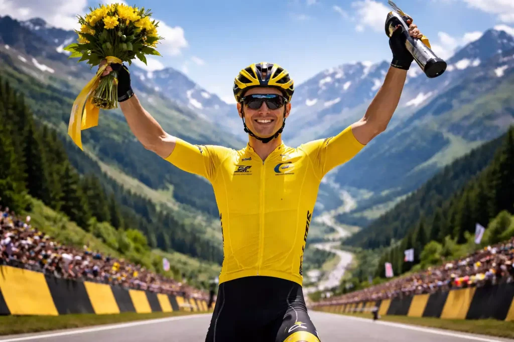 De vier truien van de Tour de France: geel, groen, bolletjes en wit op een rij