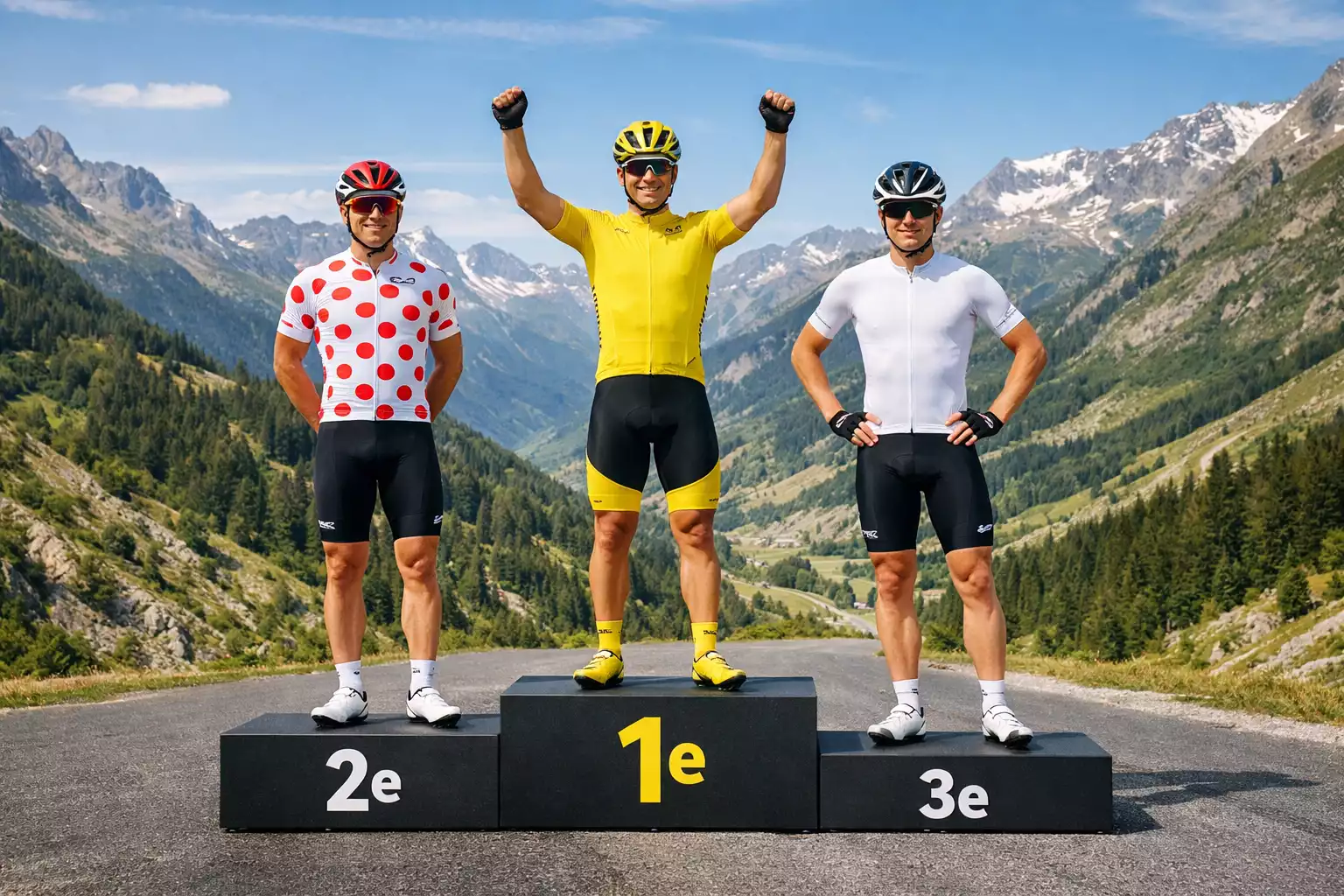 Podium met drie wielrenners en de iconische truien van de Tour de France