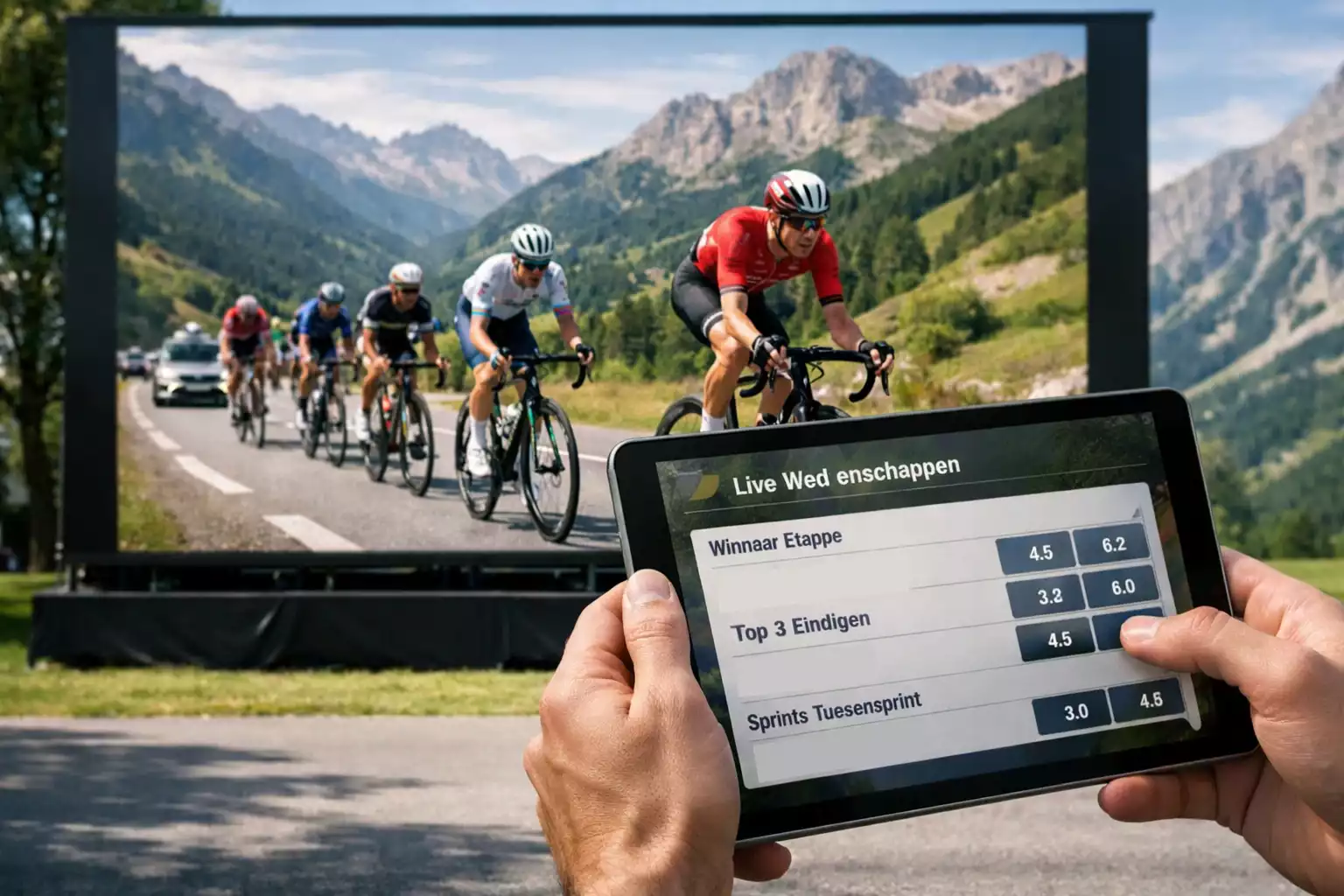 Live wielrenwedstrijd op groot scherm met real-time wedopties op tablet