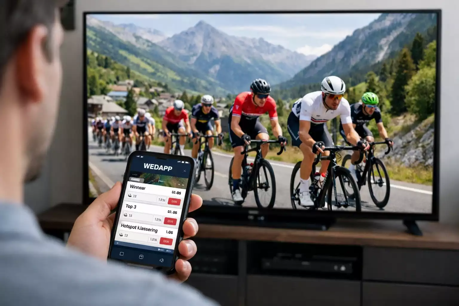 Persoon kijkt live wielrennen op TV terwijl smartphone wedapp toont