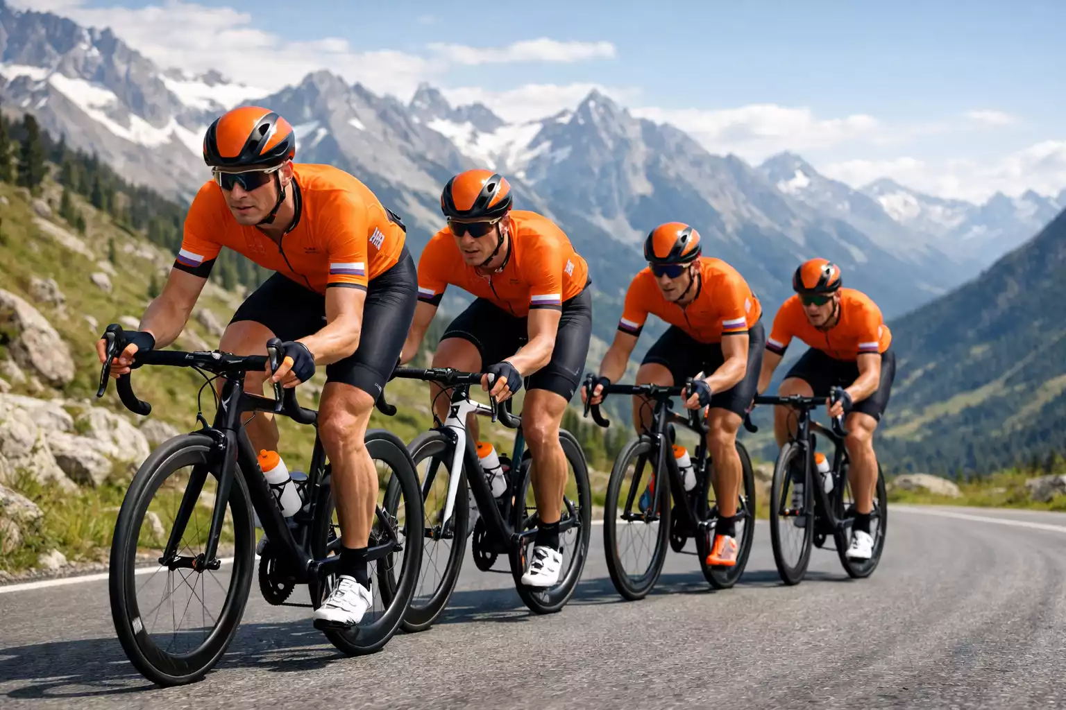 Nederlandse wielrenners in oranje tenue tijdens een koers