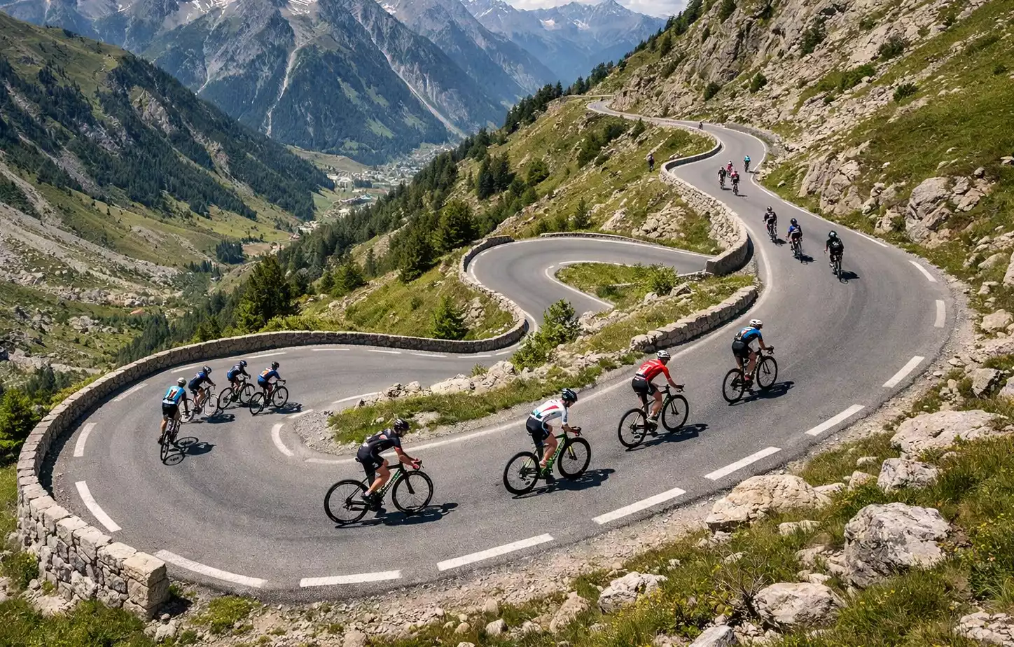 Luchtfoto van wielrenners op een kronkelende bergweg in de Franse Alpen