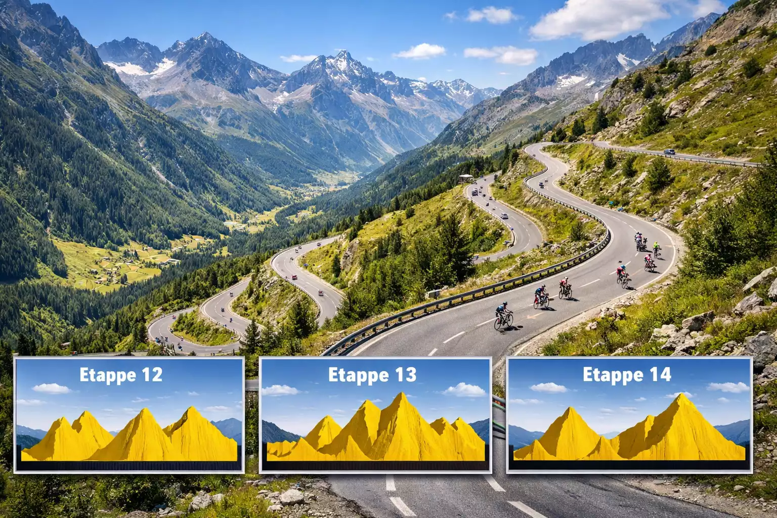 Kaart van Tour de France route met bergprofielen en etappe-aanduidingen