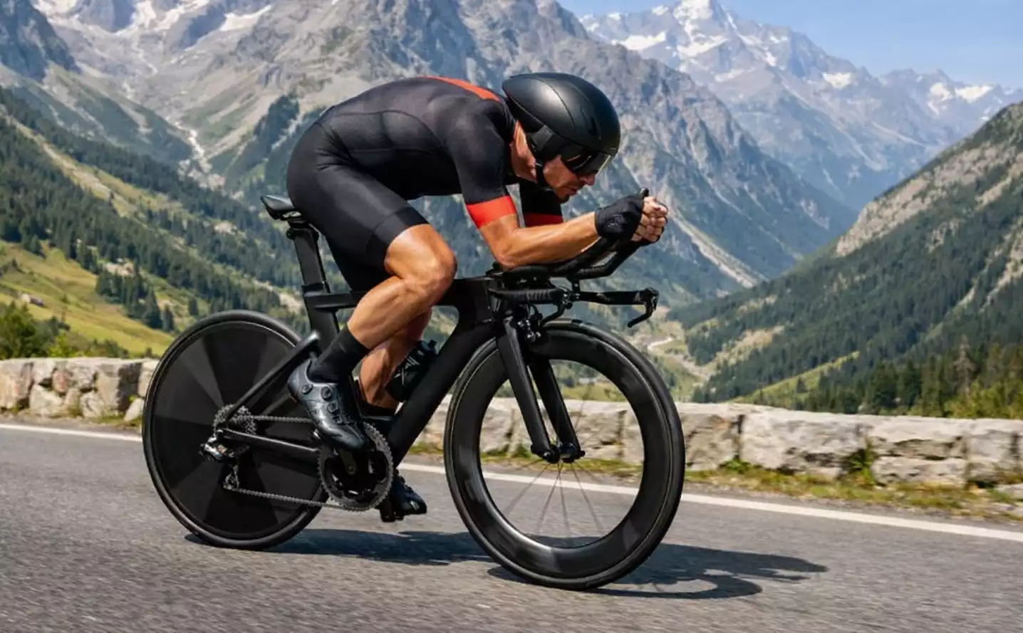 Wielrenner in aerodynamische positie tijdens individuele tijdrit