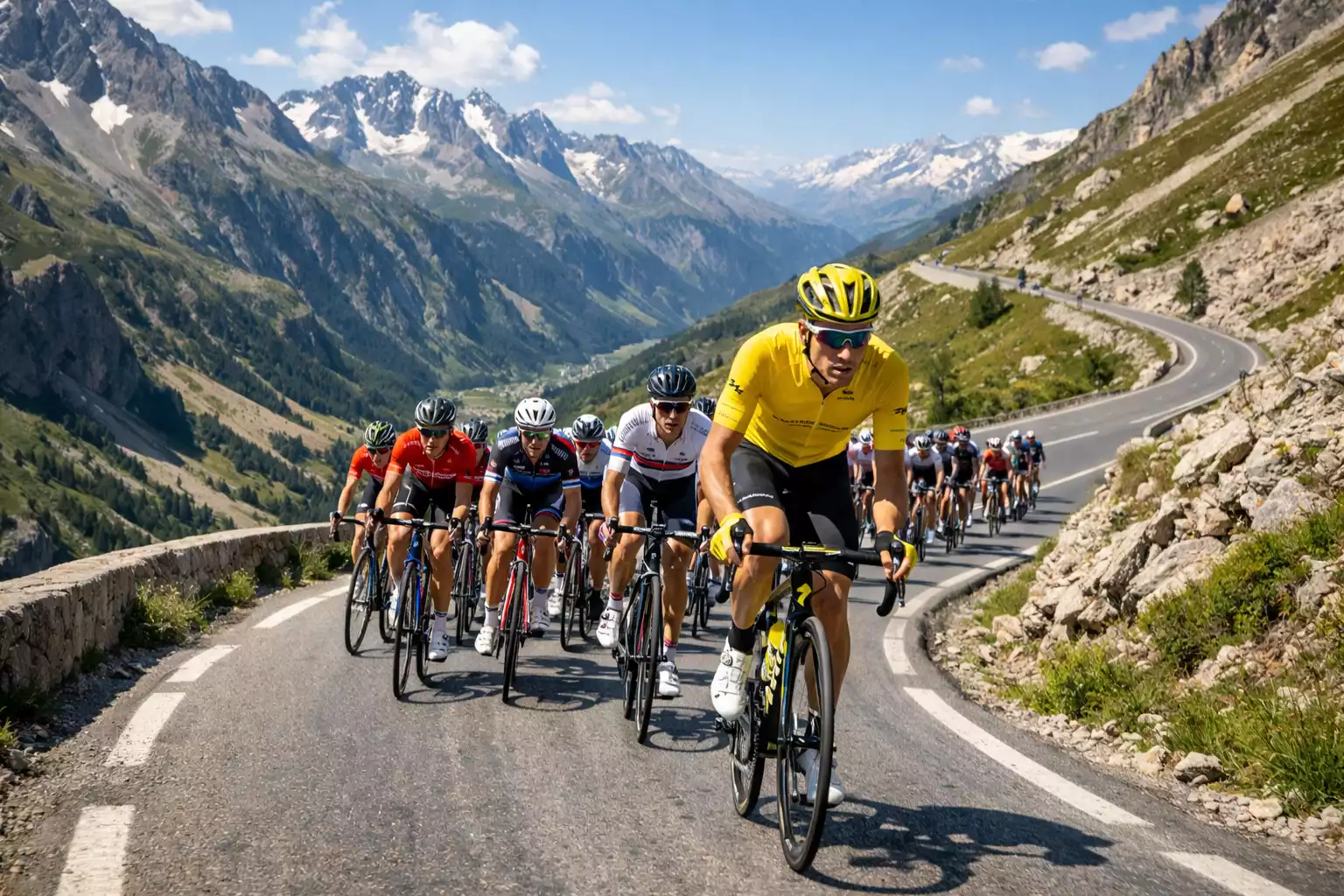 Wielrenner in gele trui leidt het peloton bergopwaarts
