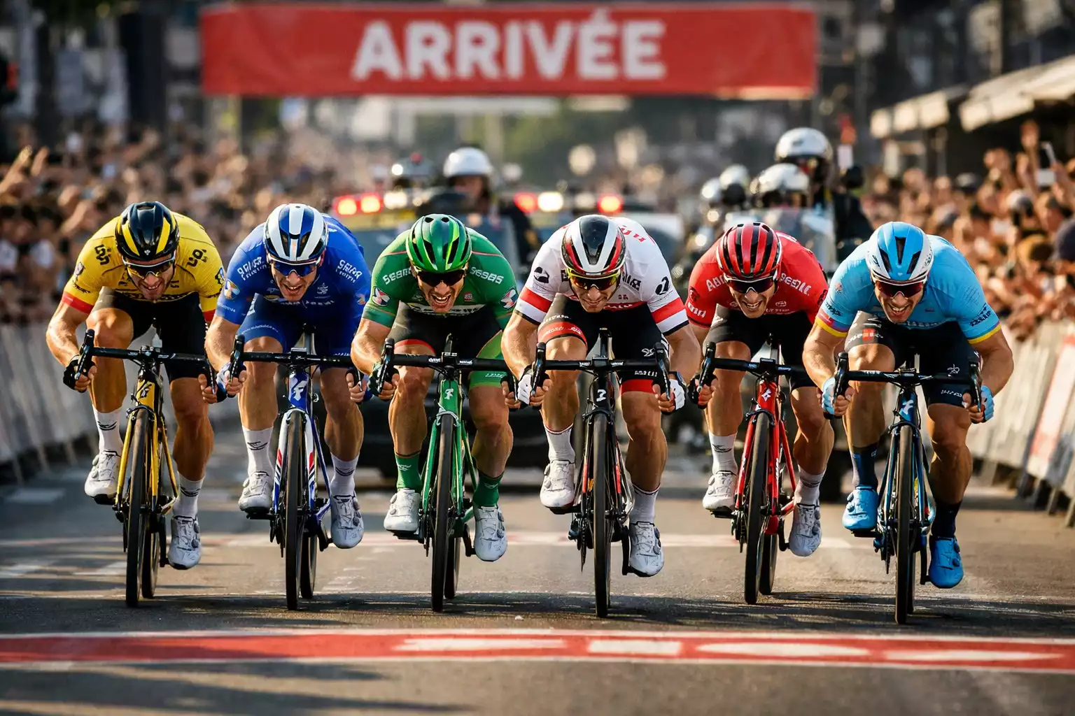 Spectaculaire massasprint tijdens een etappe van de Tour de France met wielrenners zij aan zij op de finishlijn