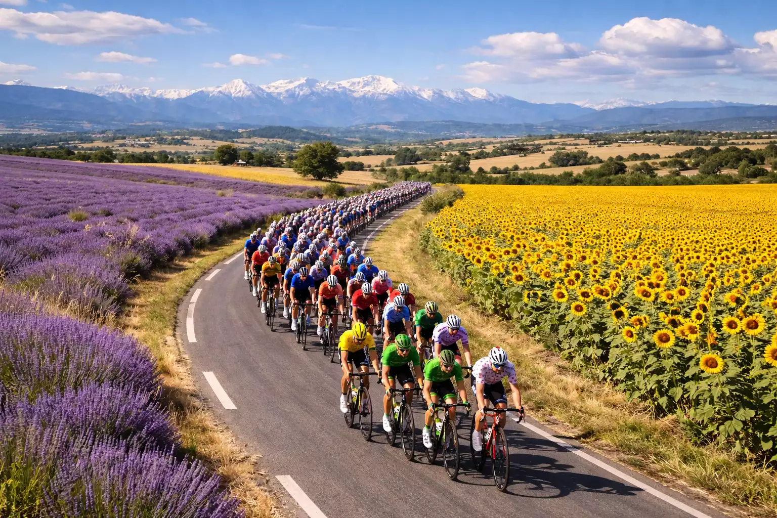 Wielrenners van het Tour de France peloton rijden door het Franse landschap met bergen op de achtergrond