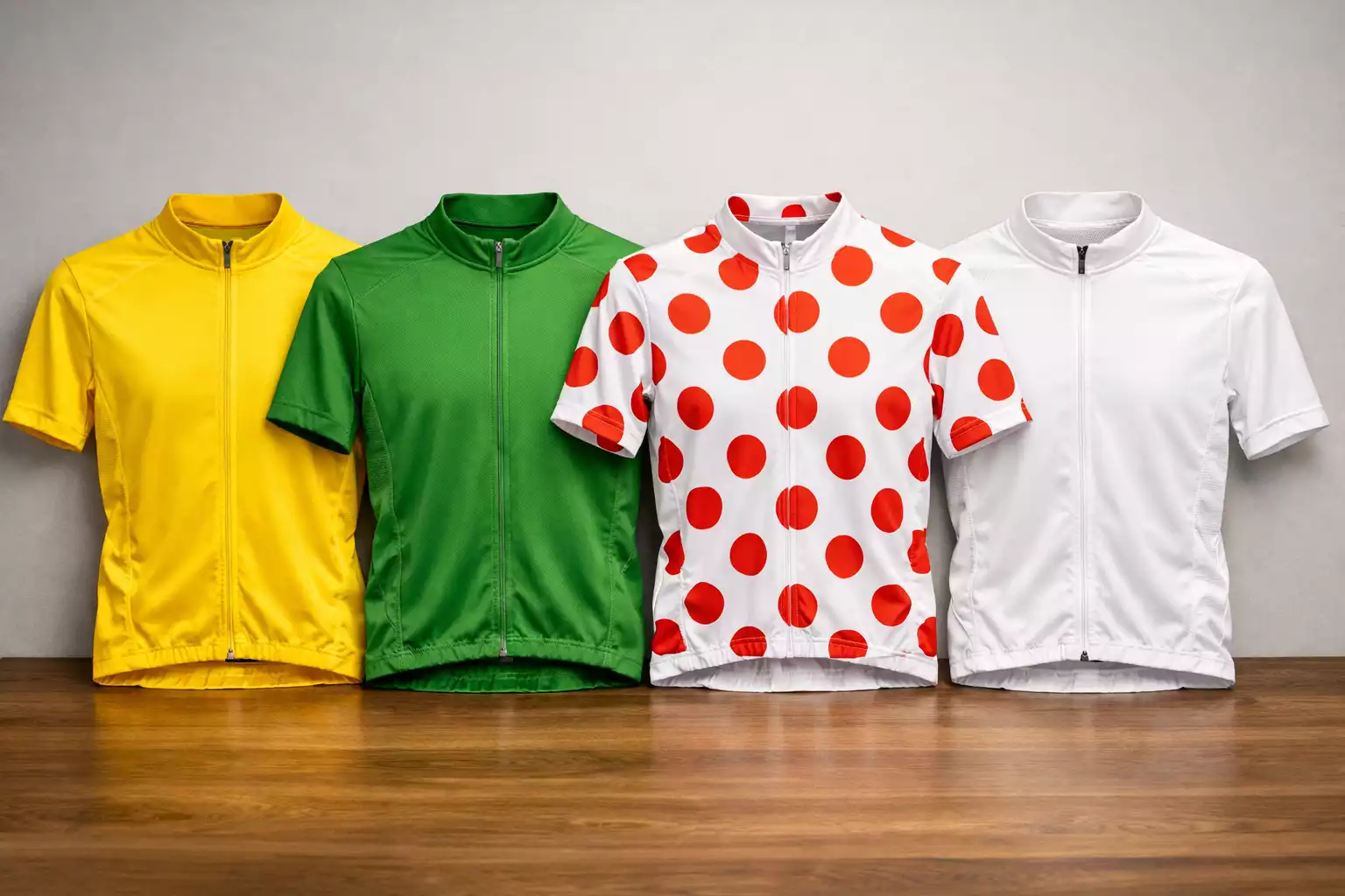 De vier truien van de Tour de France: gele trui, groene trui, bolletjestrui en witte trui op een rij