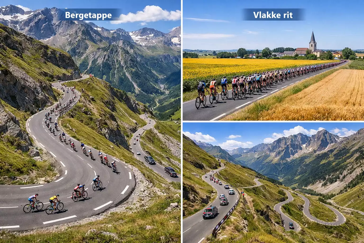 Overzicht van Tour de France etappes met bergpassen en vlakke ritten