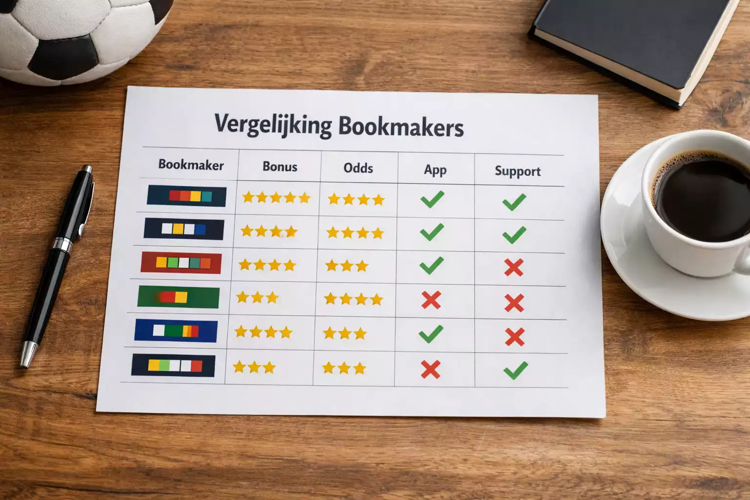 Document met overzichtelijke vergelijkingstabel voor bookmakers