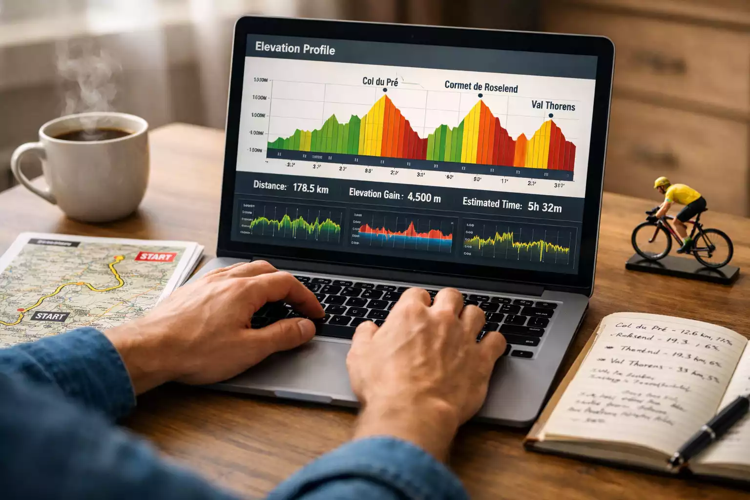 Persoon analyseert wielrenstatistieken en etappeprofielen op een laptop voor wedstrategie