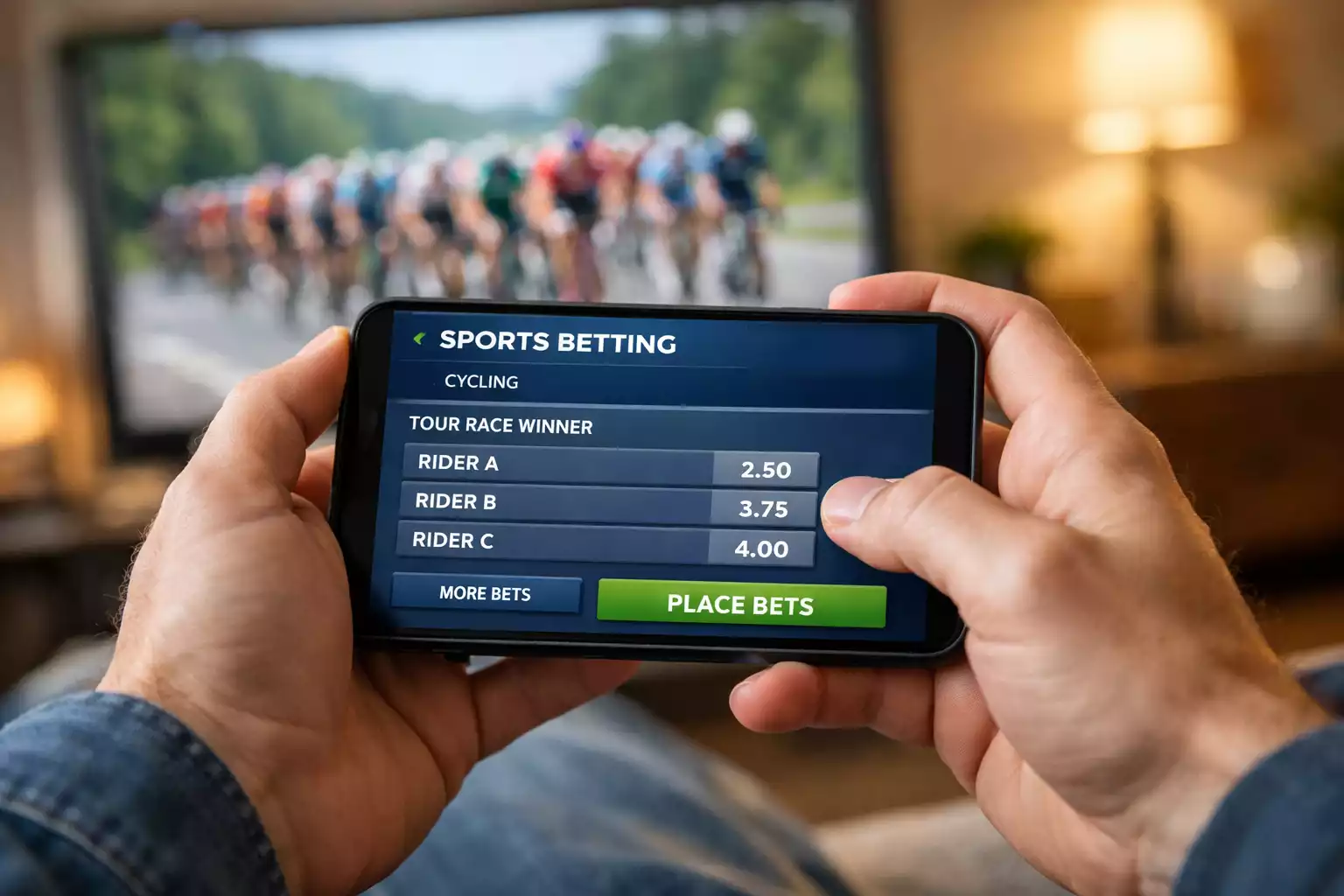 Persoon bekijkt wielrenweddenschappen op een smartphone terwijl een wielerwedstrijd op de achtergrond speelt